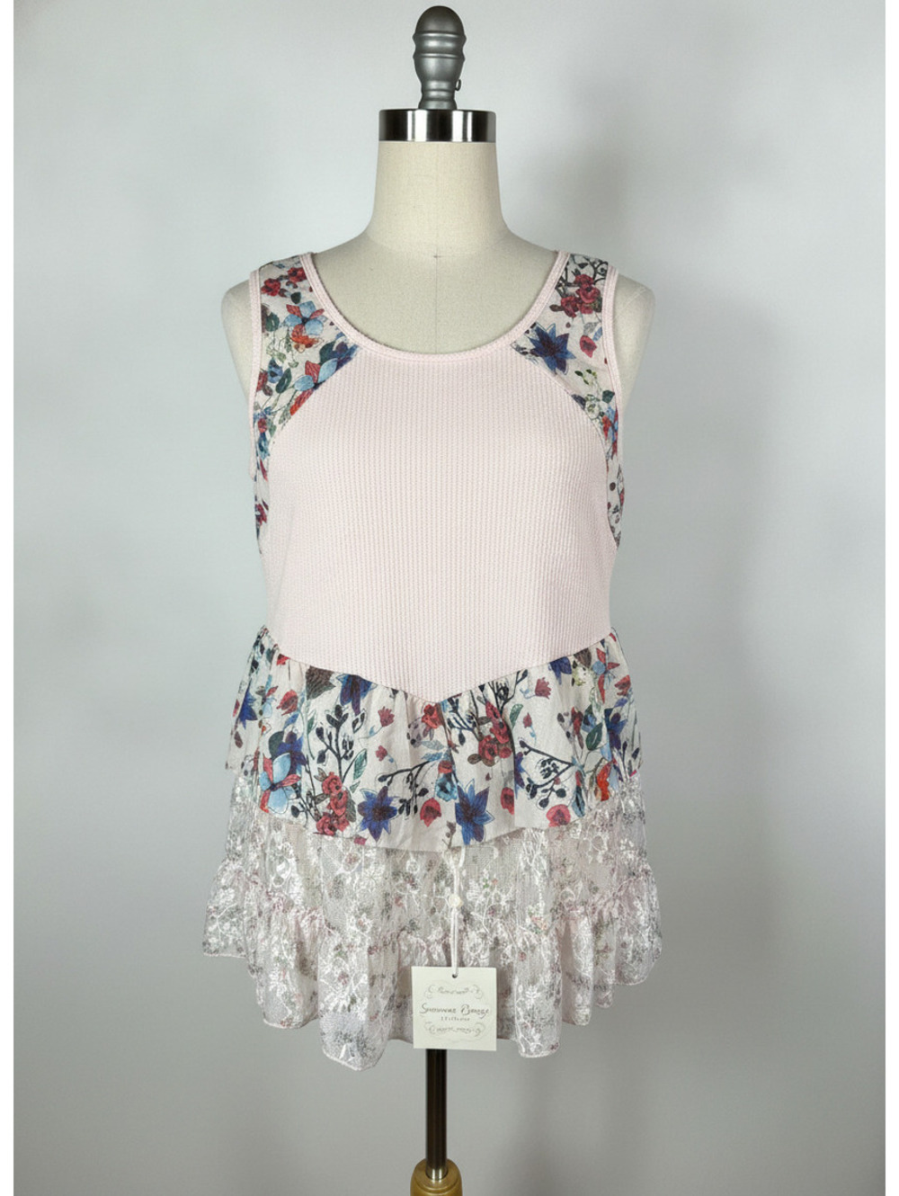 POL Whimsical Pink Floral Ruffle Tank Top, Size Small